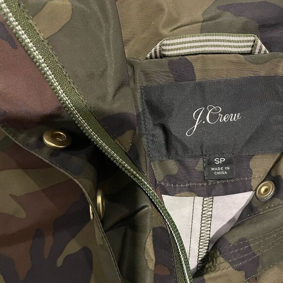 J. CREW Perfect Rain Jacket Womens Size Small Sp Green Camo Cinch Waist Hooded - Picture 2 of 8